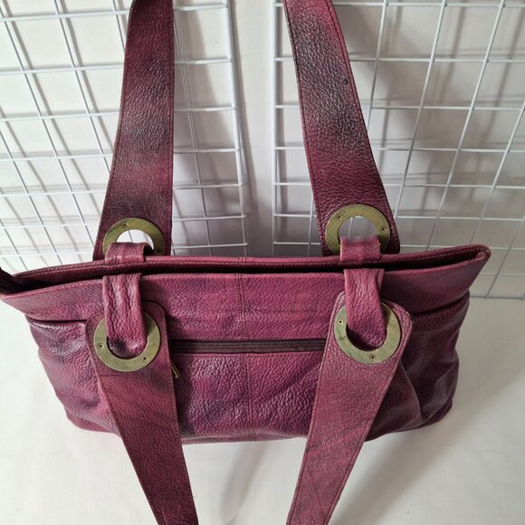 Vintage Wenz Mauve Leather Shoulder Bag Unique Design Zipper Close Large Grommet - Picture 4 of 16